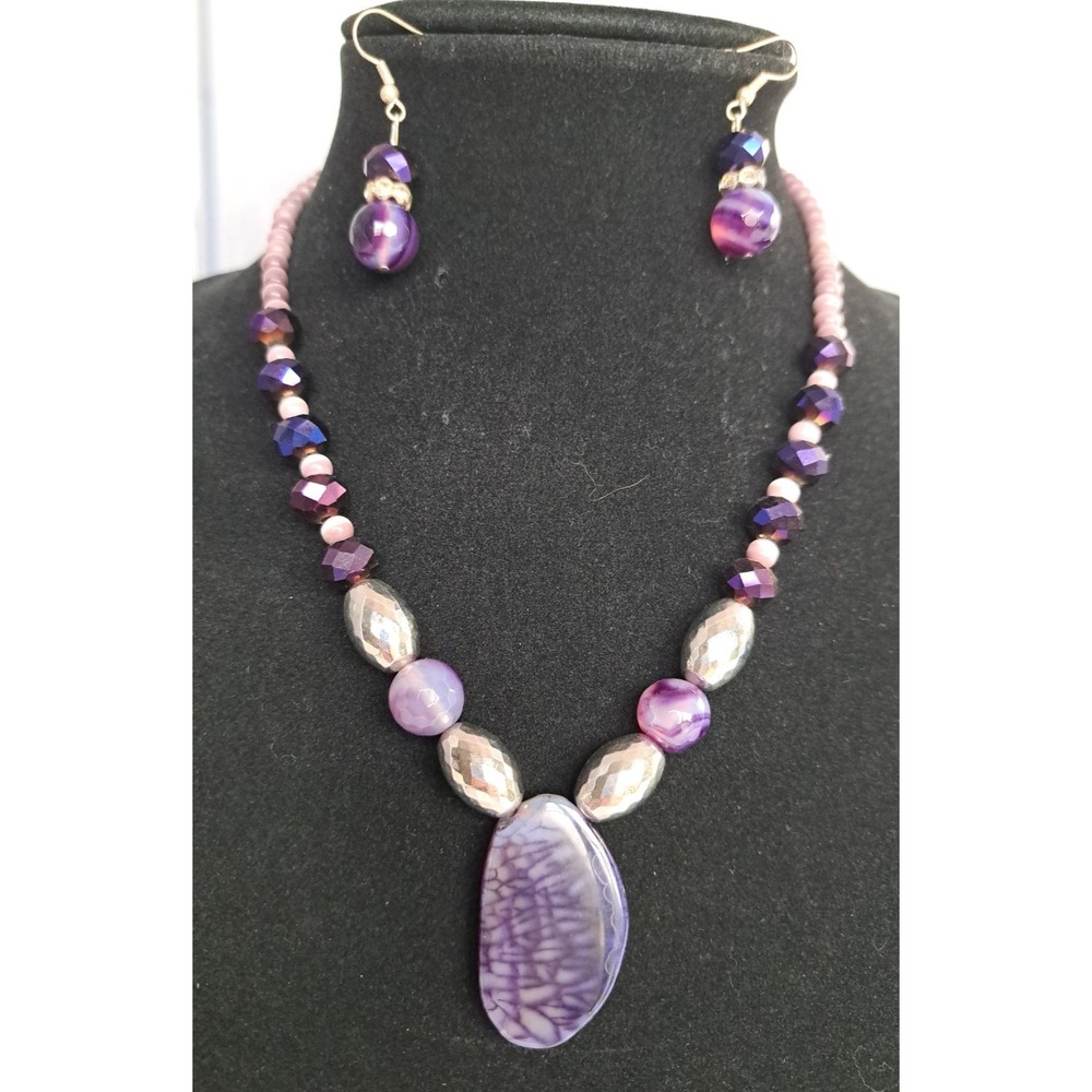 Gemstone Beaded Jewelry Set Necklace Earrings  Dragon Vein Agate Pendant Cat Eye